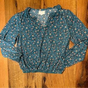 MELLODAY Pretty Floral Print Turquoise Top with Elastic at Waist & Cuffs, Sz Sml